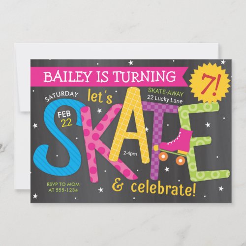 Skate Birthday Girl Skating Party Chalkboard Invitation