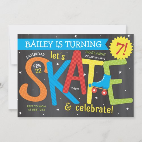 Skate Birthday Party _ Brights on Chalkboard Invitation