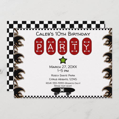 Skate Boarder Flames Skateboard Birthday Party Invitation