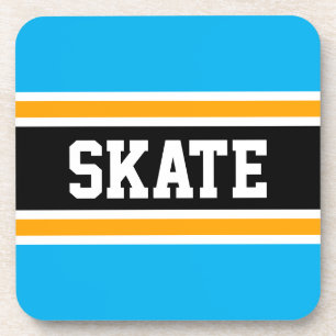 SKATE Bright Sky Blue Orange Black Hockey Stripes Beverage Coaster