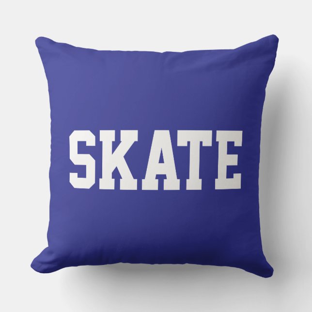 SKATE Fun Bold Athletic White Text On Deep Blue Throw Pillow (Front)