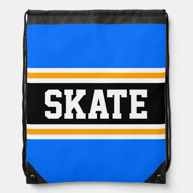 SKATE Fun Sporty Bright Blue Orange Racing Stripes Drawstring Bag (Front)