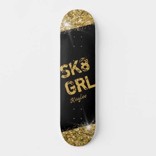 Skate Girl Black Gold Glitter Girly Personalized Skateboard