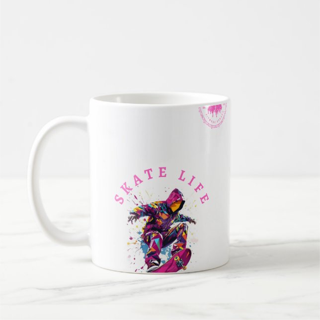 Skate Life Pink Happy Hoodie in White Coffee Mug (Left)