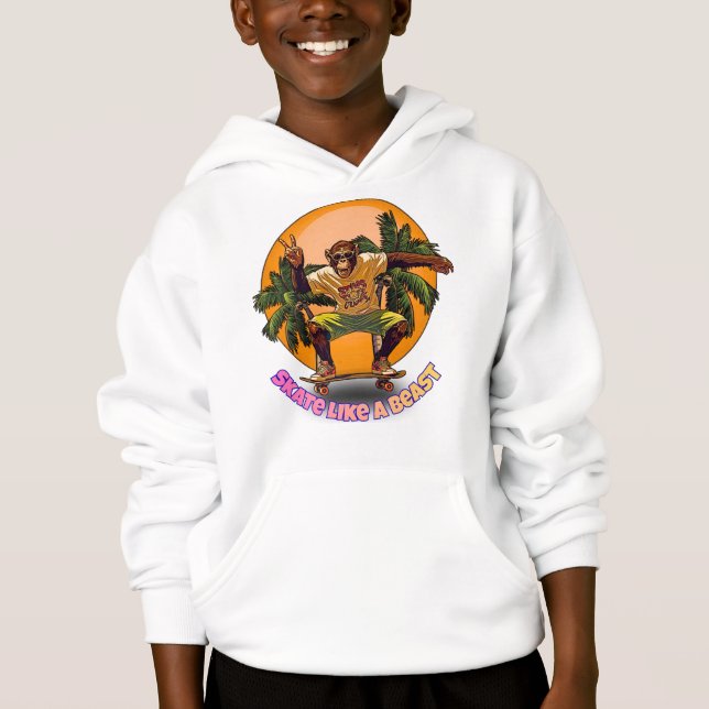 Skate Like a Beast Cool Chimpanzee Skater Design Hoodie (Front)