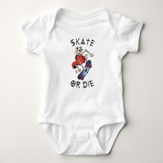 Skate or die funny Skeleton Skateboarder Baby Bodysuit (Front)