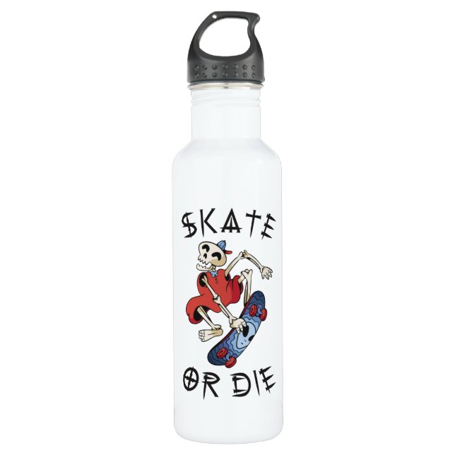 Skate or die funny Skeleton Skateboarder Stainless Steel Water Bottle (Front)