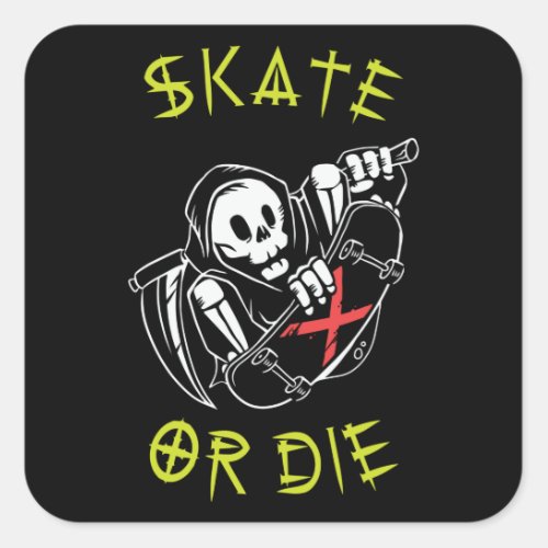 Skate or die Grim Reaper Skeleton Skateboarder Square Sticker