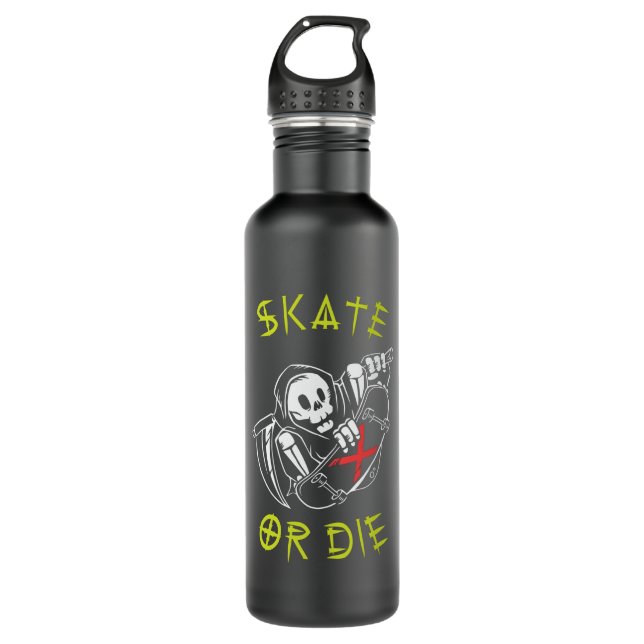 Skate or die Grim Reaper Skeleton Skateboarder Stainless Steel Water Bottle (Front)