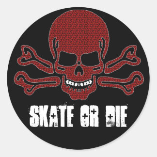 skate or die red textured skull classic round sticker