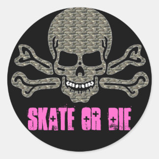 skate or die rock textured skull classic round sticker