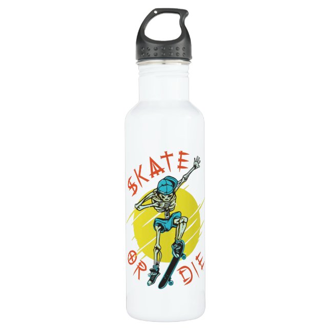 Skate or die Skeleton Skateboarder Stainless Steel Water Bottle (Front)
