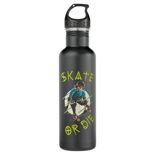 Skate or die Skeleton Skateboarder Stainless Steel Water Bottle (Front)