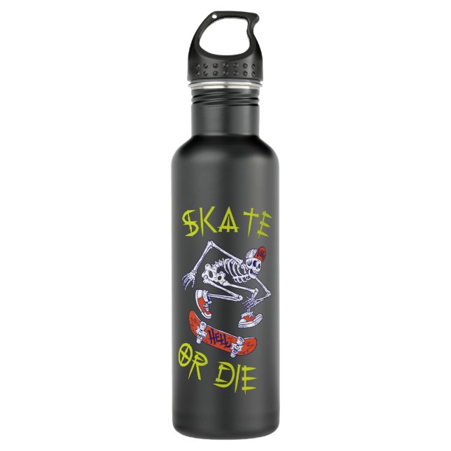 Skate or die Skeleton Skateboarder Stainless Steel Water Bottle (Front)