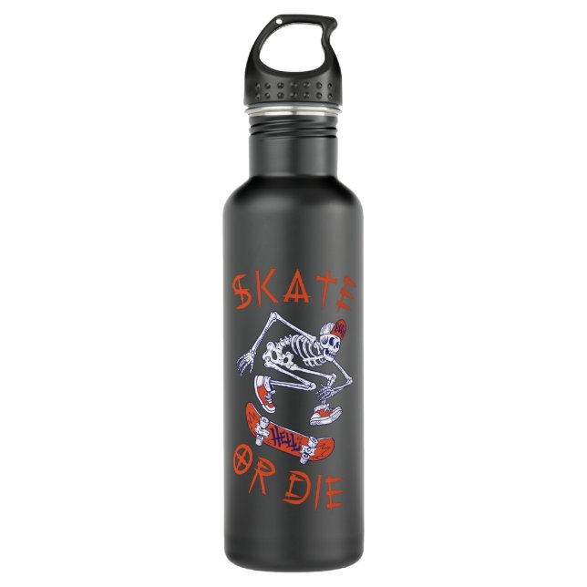 Skate or die Skeleton Skateboarder Stainless Steel Water Bottle (Front)