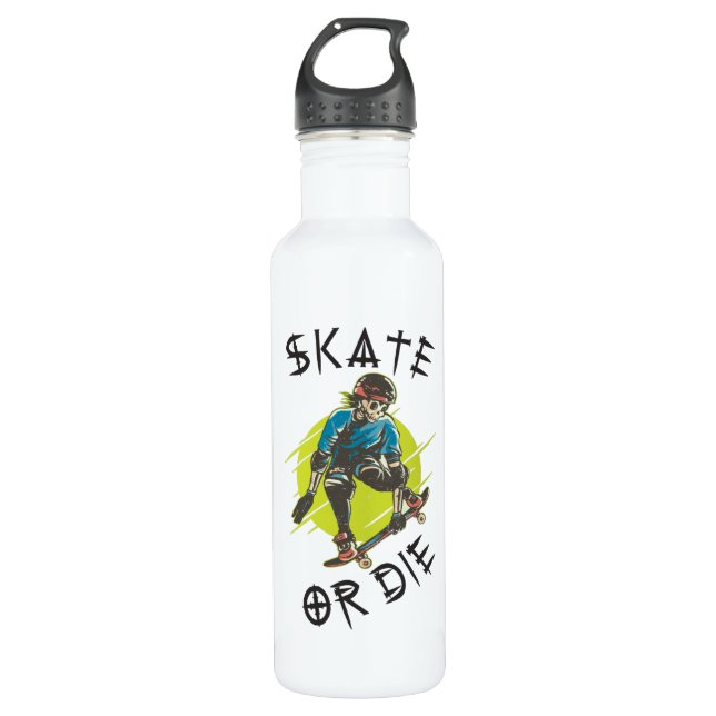 Skate or die Skeleton Skateboarder Stainless Steel Water Bottle (Front)