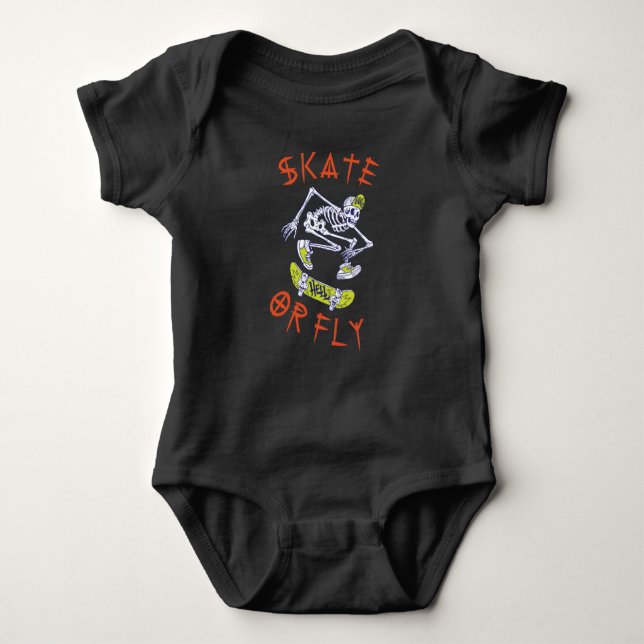 Skate or Fly Skeleton Skateboarder Baby Bodysuit (Front)