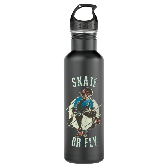Skate or Fly Skeleton Skateboarder Stainless Steel Water Bottle (Front)