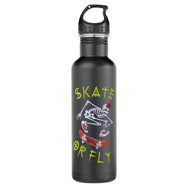 Skate or Fly Skeleton Skateboarder Stainless Steel Water Bottle (Front)
