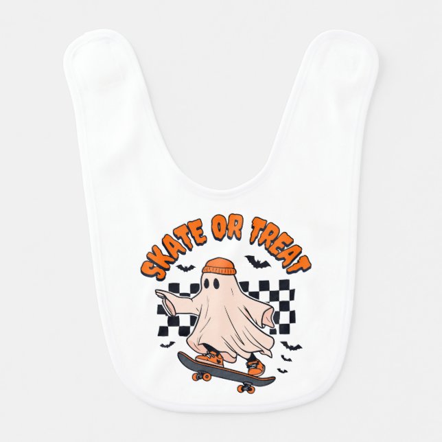 Skate or Treat Ghost Halloween Baby Bib (Front)