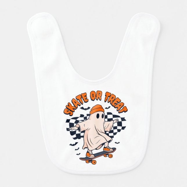 Skate or Treat Ghost Halloween Baby Bib (Front)