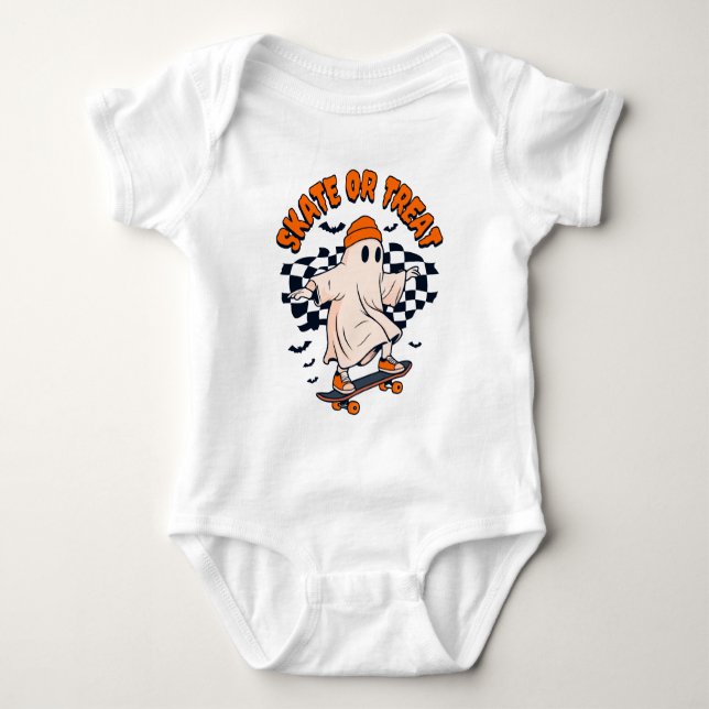Skate or Treat Ghost Halloween Baby Bodysuit (Front)