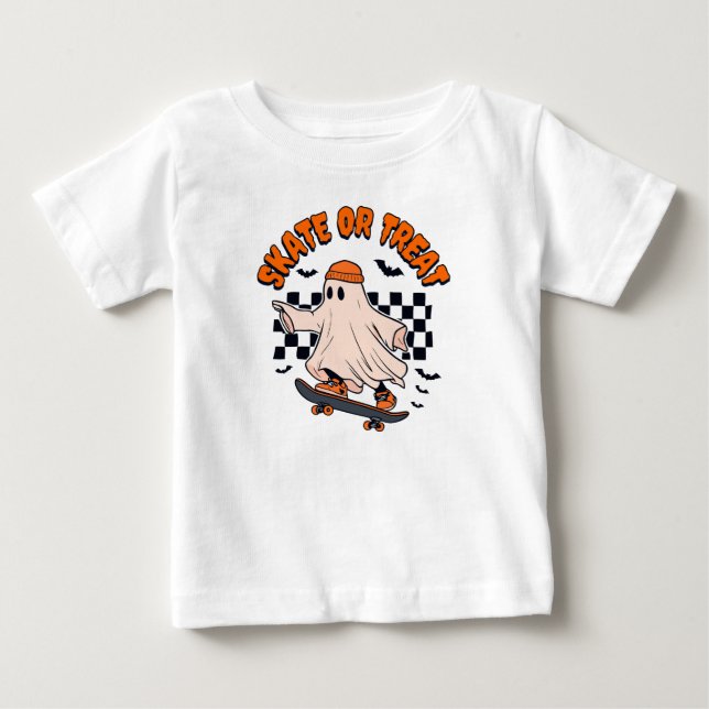 Skate or Treat Ghost Halloween Baby T-Shirt (Front)