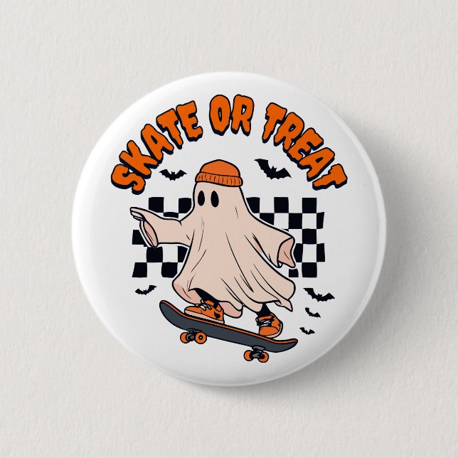Skate or Treat Ghost Halloween Button (Front)