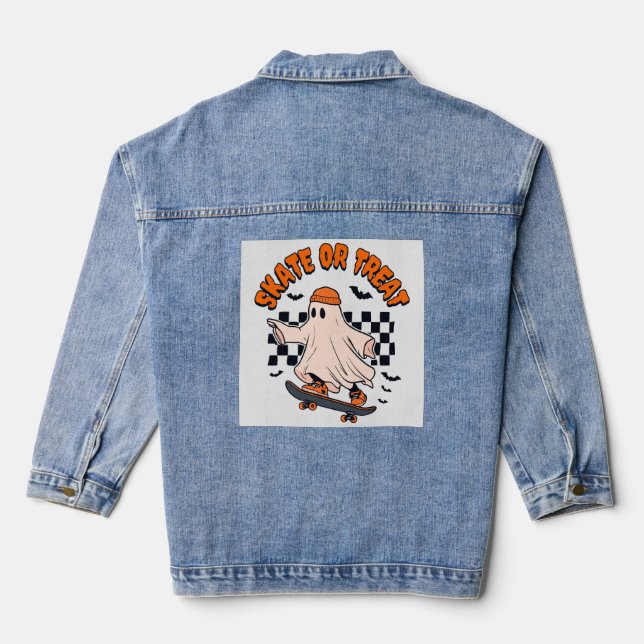 Skate or Treat Ghost Halloween Denim Jacket (Back)