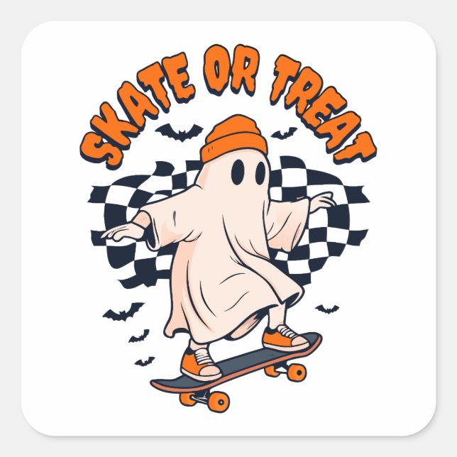 Skate or Treat Ghost Halloween Square Sticker (Front)