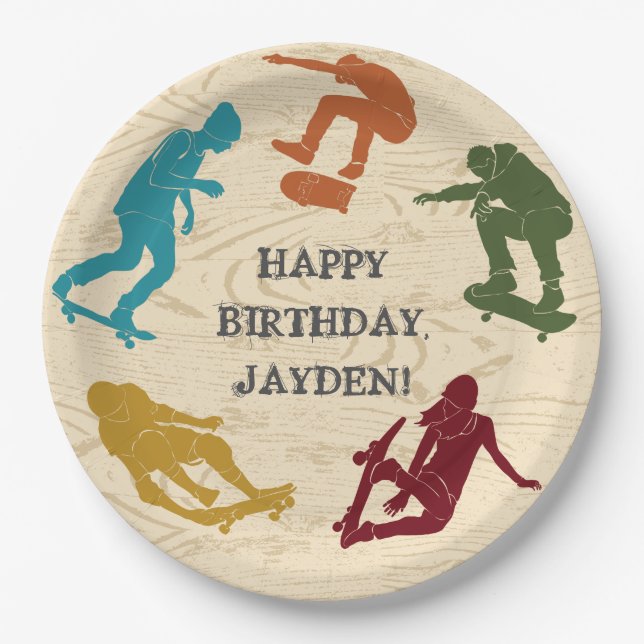 Skate Park Skateboarding Themed Teen Boys Birthday Paper Plates (Front)