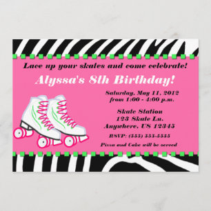 Skate Party Girls Zebra Print Birthday Invitation