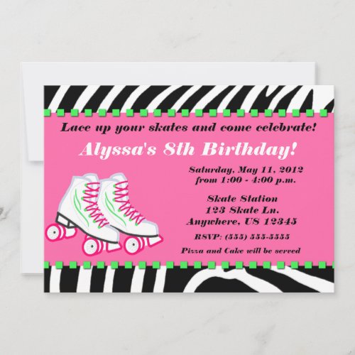 Skate Party Girls Zebra Print Birthday Invitation