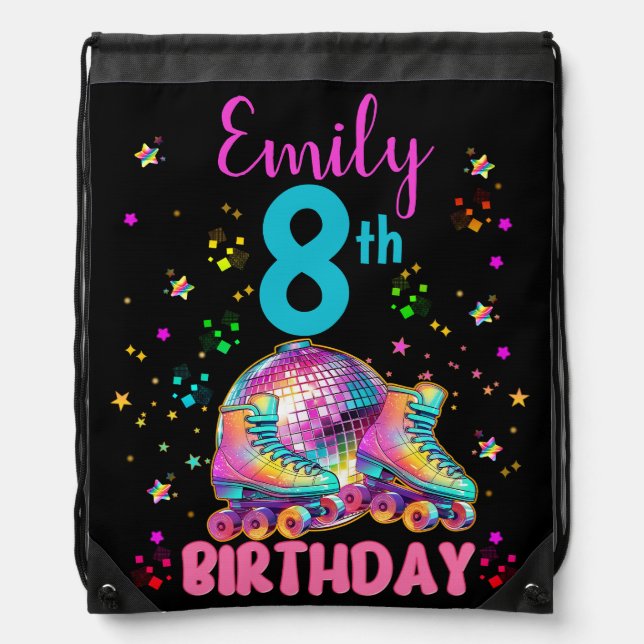 Skate Roller Disco Birthday Girl Matching Drawstring Bag (Front)