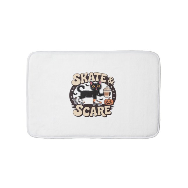 Skate & Scare – Cute Black Cat Roller Skating Over Bath Mat (Front)