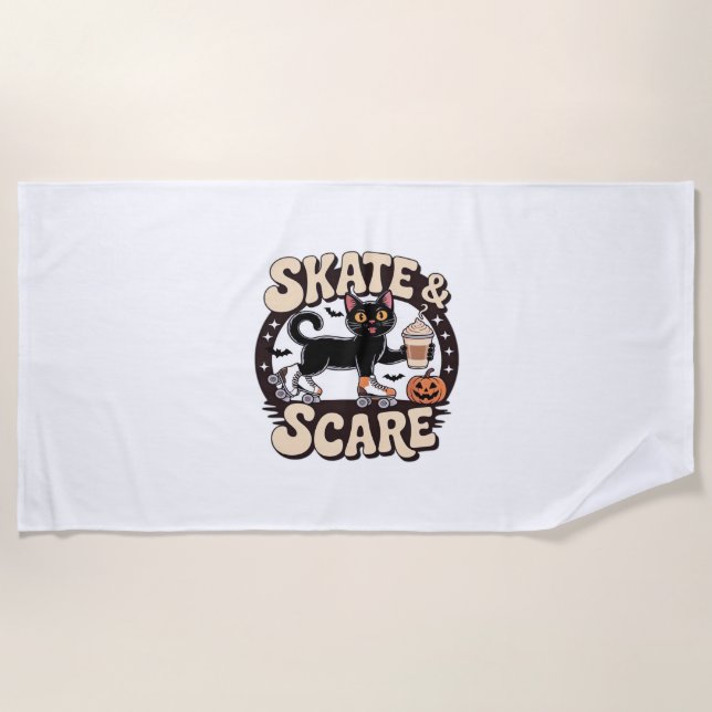 Skate & Scare – Cute Black Cat Roller Skating Over Beach Towel (Front)