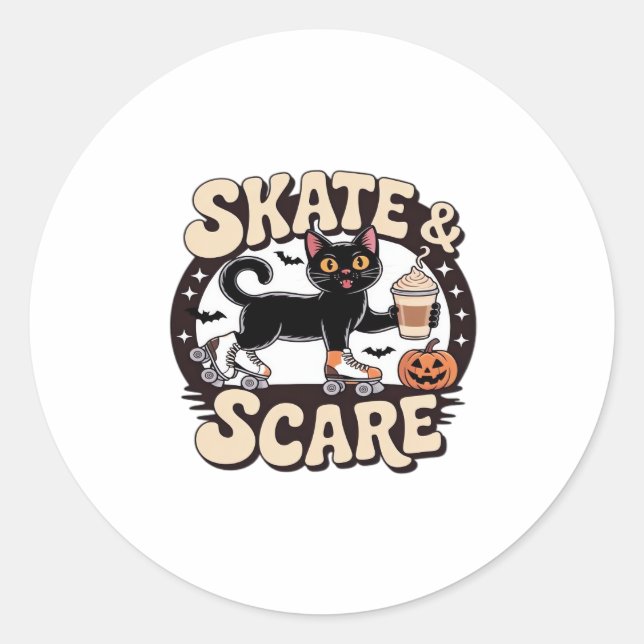 Skate & Scare – Cute Black Cat Roller Skating Over Classic Round Sticker (Front)