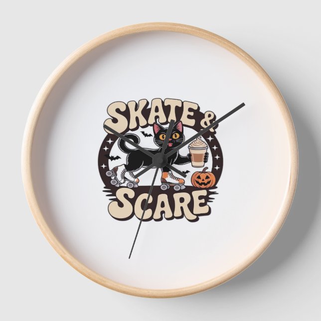 Skate & Scare – Cute Black Cat Roller Skating Over Clock (Front)