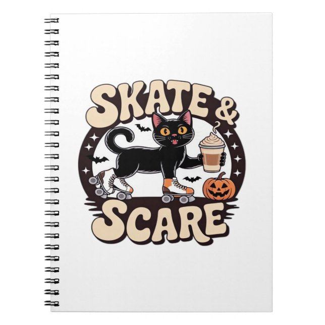 Skate & Scare � Cute Black Cat Roller Skating Over Notebook (Front)