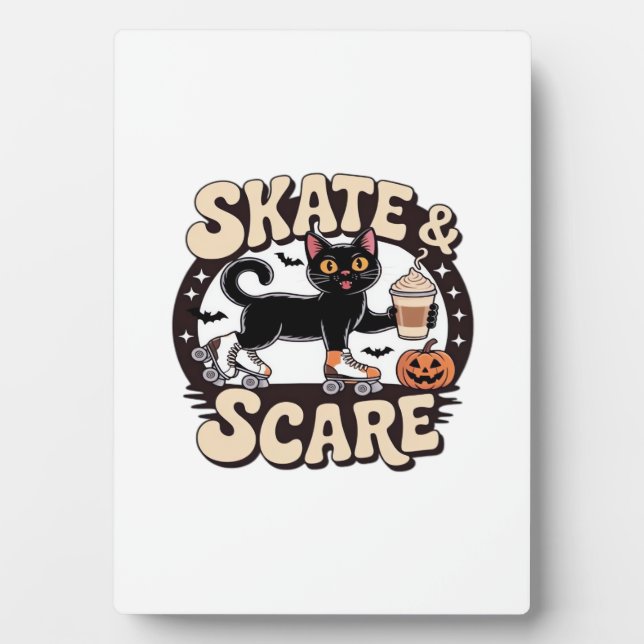 Skate & Scare � Cute Black Cat Roller Skating Over Plaque (Front)