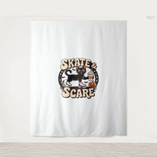 Skate & Scare – Cute Black Cat Roller Skating Over Tapestry