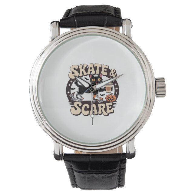 Skate & Scare – Cute Black Cat Roller Skating Over Watch (Front)