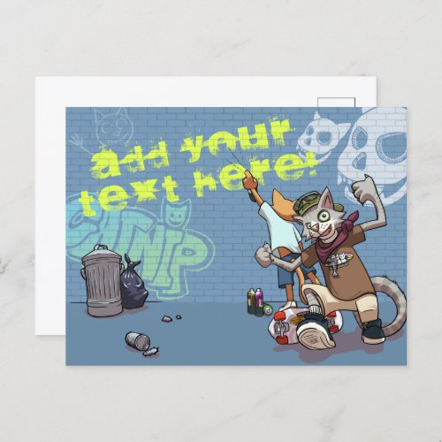 Skateboard Alley Cats Editable Graffiti Cartoon Postcard