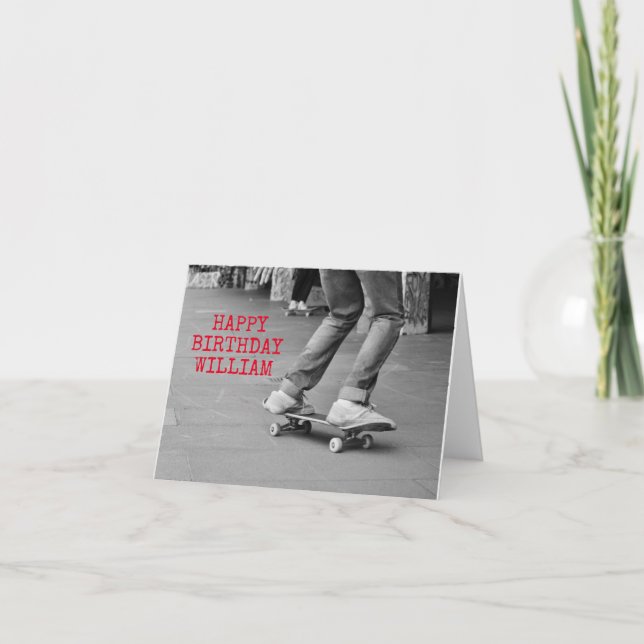 Skateboard B&W Birthday Card – Custom Name (Front)