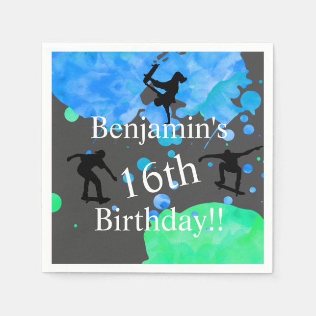 Skateboard Birthday, 16th Birthday Napkins (Front)