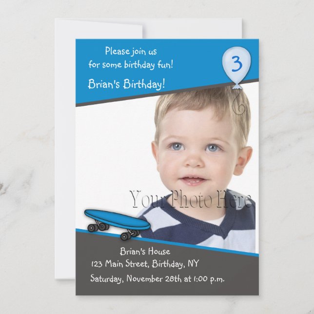 Skateboard Birthday Photo Invitation (Front)