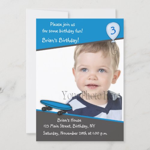 Skateboard Birthday Photo Invitation