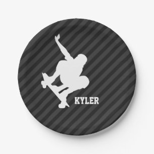 Skateboard; Black & Dark Gray Stripes Paper Plates