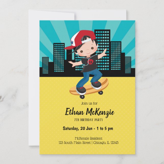 Skateboard boy - choose your background color invitation (Front)