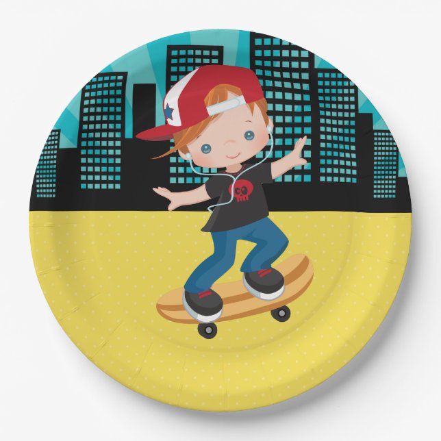 Skateboard boy - choose your background color paper plates (Front)